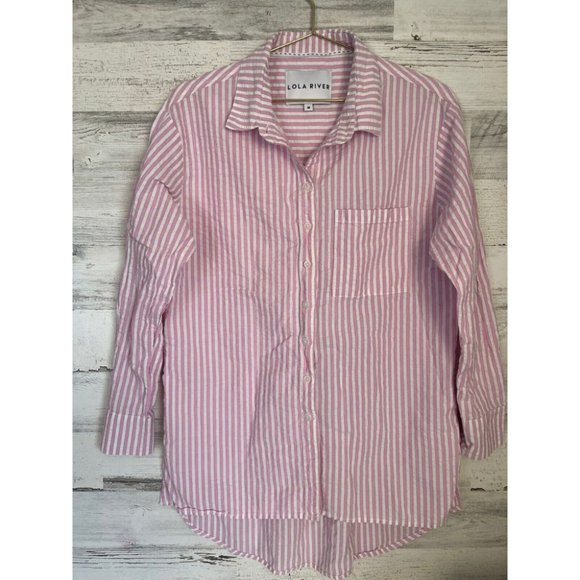 Lola River Blouse Women's Medium Pink White Striped Long Sleeve Button Up Shirt - Picture 1 of 5